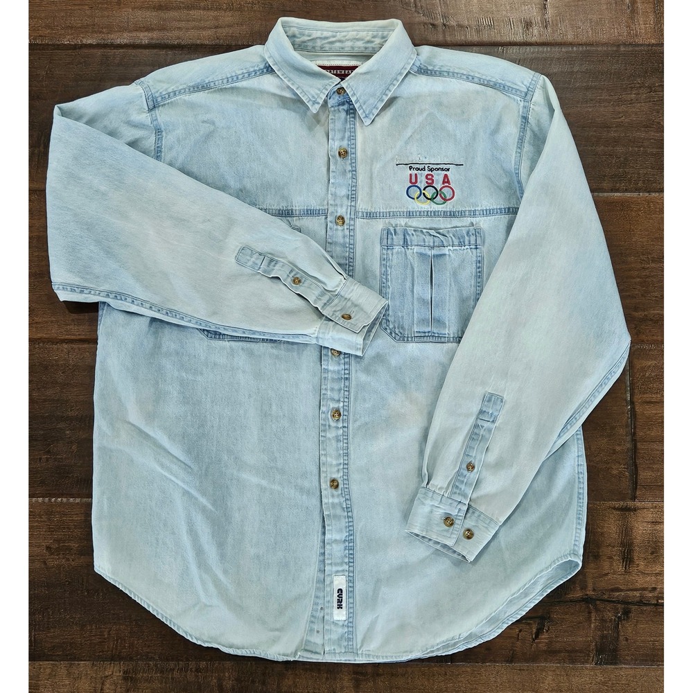 VTG Cyrk USA Olympic Games Streetwear Denim Shirt Mens Large Light Acid Wash